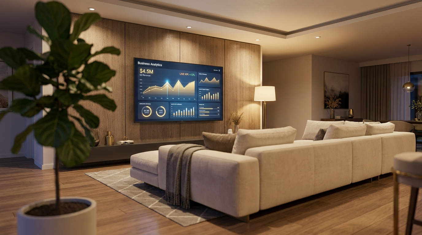 A business-intelligence dashboard on a wall screen — your digital CEO